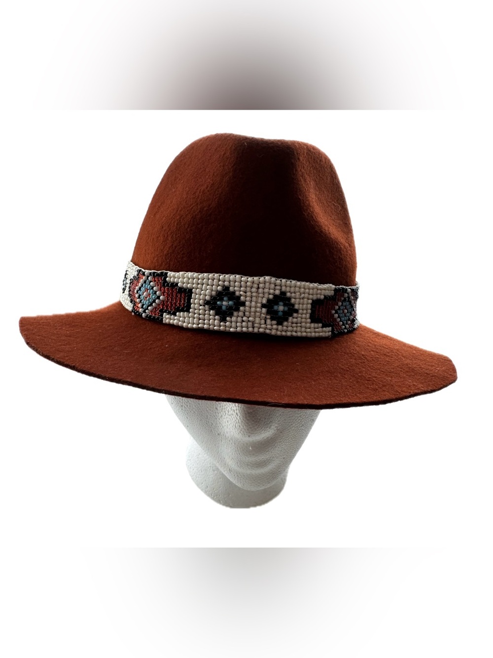Lovely Bird San Miguel hat Rust Brown Wool Felt Fedora Hat Beaded Southwestern
